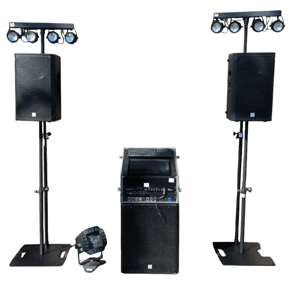 Platzsparendes Jukebox 100 Komplettset von PvD - Events & Technik mit integriertem Touchscreen-Rechner, Lautsprechern und Lichteffekten auf 50x150 cm Stellfläche.
