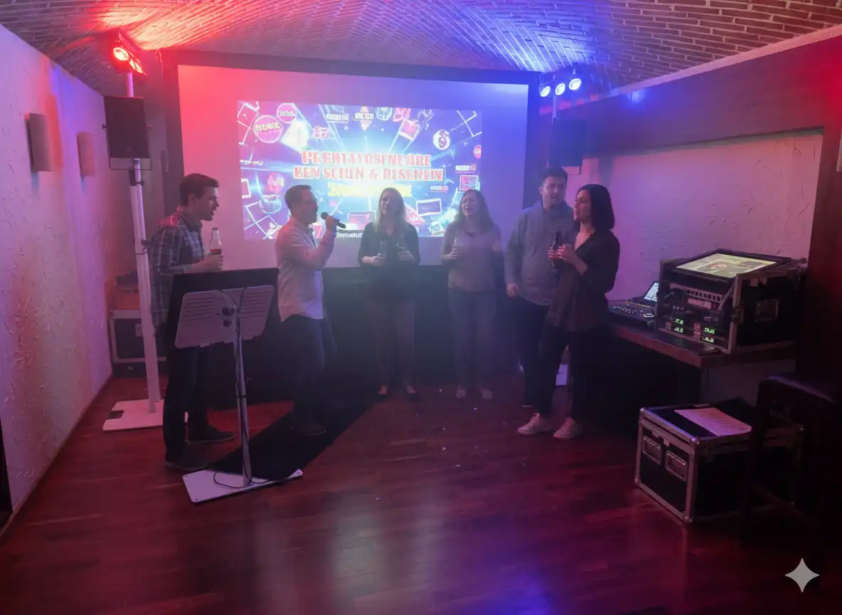 Eine Gruppe von Menschen feiert ein Karaoke-Event mit dem Profi-Set von PVD Events, inklusive Leinwand, Sänger-Bildschirm und Lichttechnik.