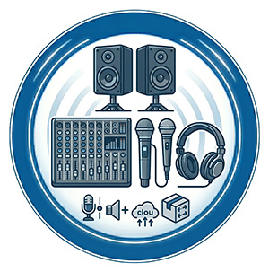 Ein professionelles blau-weißes Icon-Set für Tontechnik von PvD - Events & Technik, bestehend aus PA-Lautsprechern, Mischpult, Mikrofonen und Kopfhörern für Veranstaltungen.