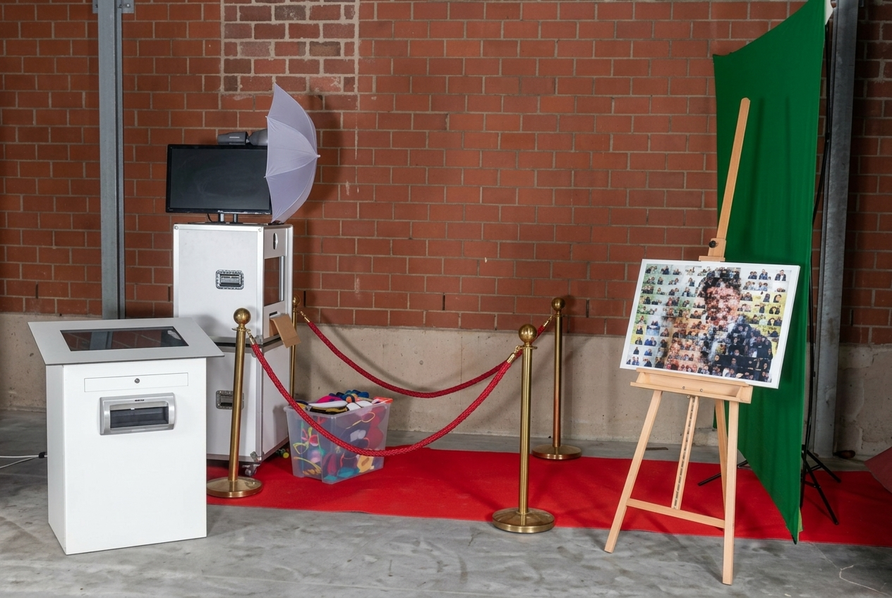 Aufbau der Fotobox-Säule im Paket Mosaik für Hochzeiten von PvD - Events & Technik vor einer Ziegelwand: Weißes Fotobox-Terminal mit integriertem Sofortdrucker, Fotosäule mit Blitzschirm und Monitor, Requisitenbox, roter Teppich mit goldenen Absperrkordeln, Greenscreen-Hintergrund und eine Holzstaffelei mit dem fertigen Foto-Mosaikboard.
