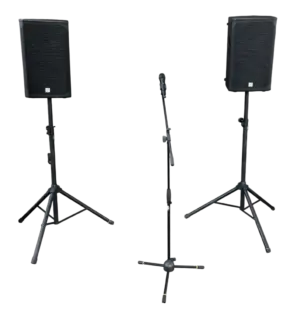 Leistungsstarkes Sprachbeschallungs-Set inklusive Funkmikrofon und zwei 1000W Lautsprechern zur Miete bei PvD Events in Hüllhorst.