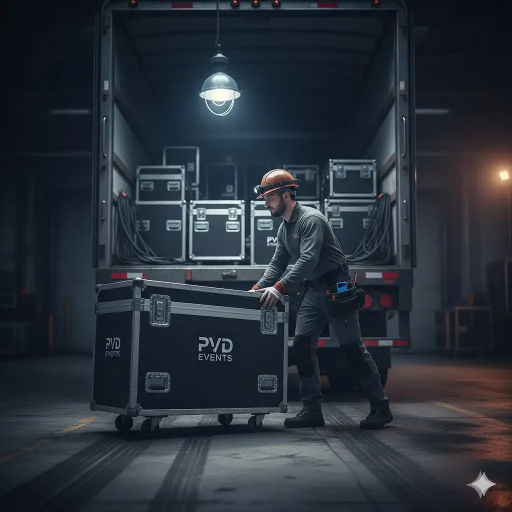 mann schiebt kisten mit veranstlartngstecnik