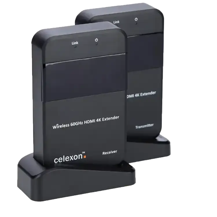 celexon Expert HDMI-Funk-Set mit Sender und Empfänger für kabellose 4K Videoübertragung bis 30 Meter.