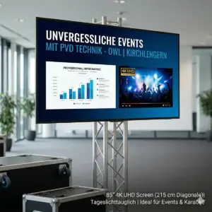 Professioneller 85 Zoll 4K UHD LED-Bildschirm auf Traversen-Stativ mit Flightcase, ideal für Events und Karaoke in OWL.