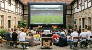 Monumentale aufblasbare 6m Leinwand mit dezentem Soundsystem und großem Publikum bei einem Fan-Fest in OWL.