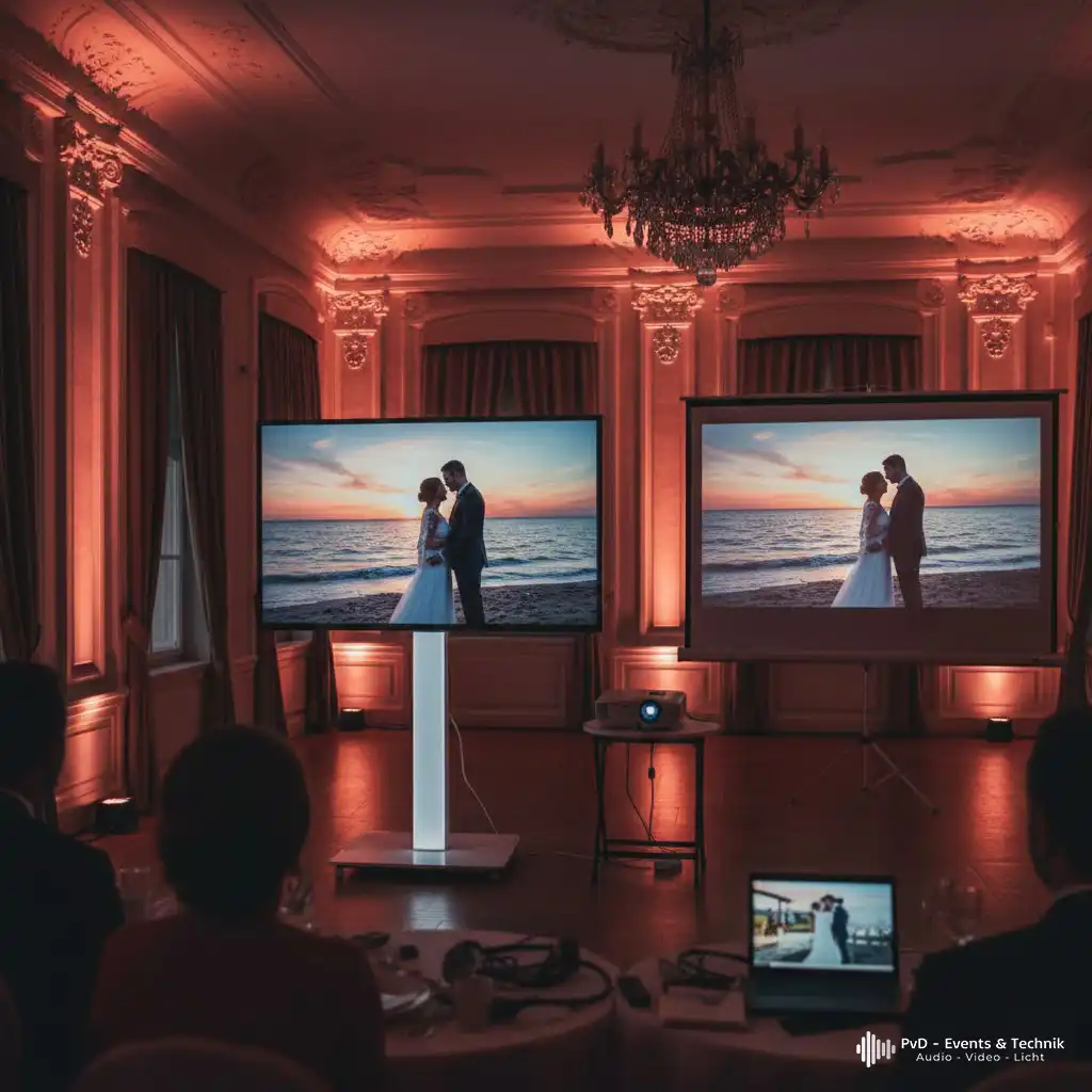 Ein großer 85 Zoll Fernseher auf einem Design-Stativ für eine Hochzeitspräsentation in einer Location in Herford oder Minden.