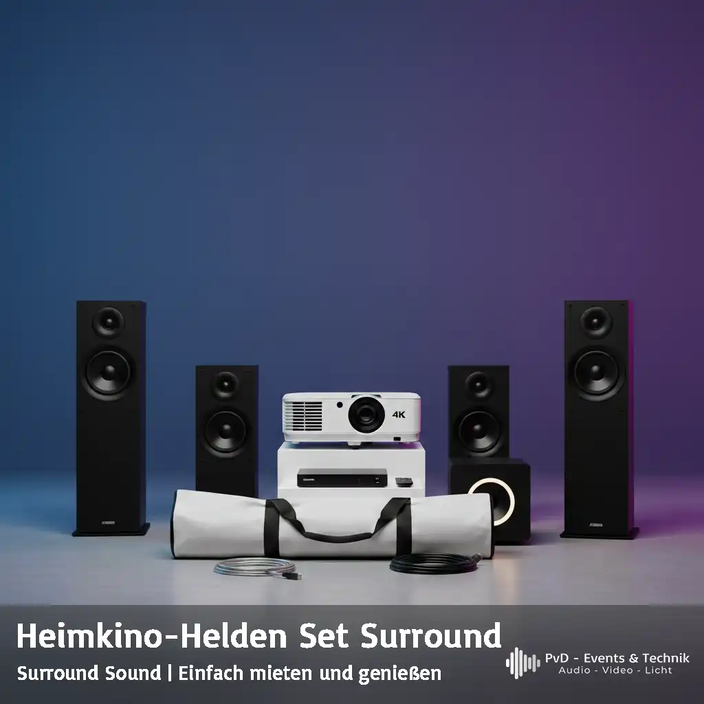 Professionelles 5.1 Heimkino-Paket "Surround" von PVD Events: Weißer 4K Beamer, komplettes Surround-Lautsprechersystem mit Subwoofer, Mediaplayer und Leinwandtasche vor modernem blau-violettem Hintergrund.