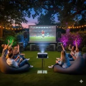 Große Gruppe beim Gartenkino mit dem PVD Events Ultimate-Set: 4K Beamer, 300cm Leinwand, 7 Lautsprecher und 2 Subwoofer im Einsatz bei einer Fußball-Übertragung im Freien.
