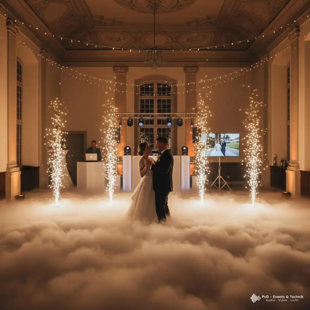 Brautpaar beim Eröffnungstanz auf Bodennebel mit Funkelfontänen in einem prunkvollen Saal im Schloss Pattensen bei Hannover.