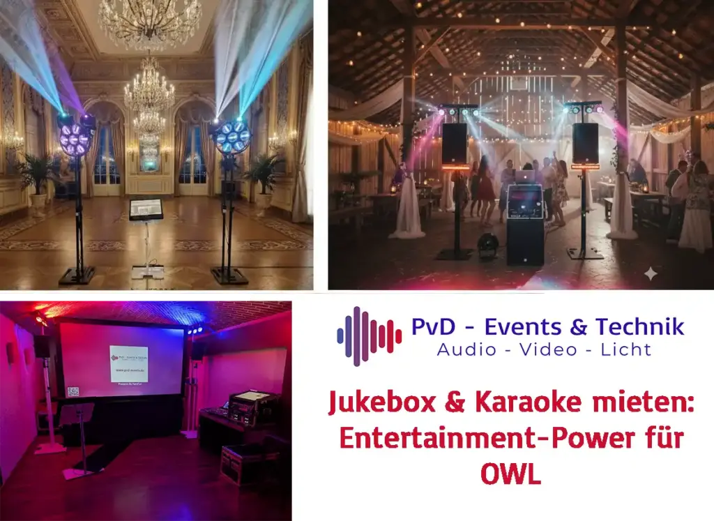 Collage von PVD Events: Jukebox- und Karaoke-Technik in verschiedenen Locations wie Festsaal, Partyscheune und Eventkeller in OWL.