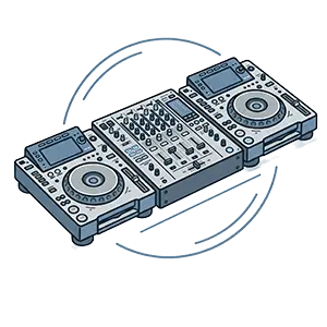 Abstraktes Sinnbild für professionelles DJ-Equipment auf hellgrauem Hintergrund: Ein modernes Mischpult flankiert von drei CD-Playern (CDJs) in einer minimalistischen Darstellung ohne Beschriftungen.