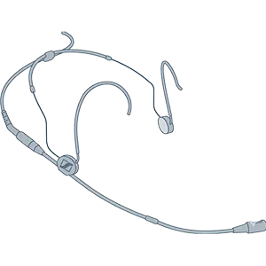 Abstraktes Sinnbild eines professionellen Nackenbügelmikrofons auf hellgrauem Hintergrund: Minimalistische, technische Linienzeichnung eines beigefarbenen Headsets mit Ohrbügeln und feinem Mikrofonarm ohne Beschriftungen.