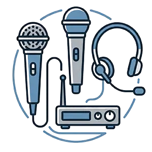 Abstraktes Sinnbild für professionelle Audiotechnik von PvD - Events & Technik auf hellgrauem Hintergrund: Darstellung eines Funkmikrofons mit Empfängereinheit, eines klassischen schnurgebundenen Mikrofons und eines dezenten Headset-Mikrofons.