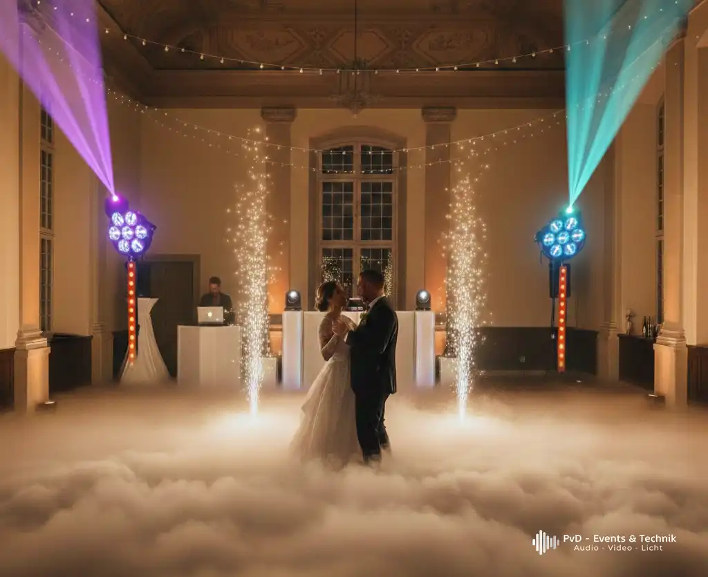 PVD Signature Setup mit Bodennebel, Spark-Fontänen und Design-Lichtstativen bei einer Hochzeit in OWL