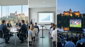 Triptychon Medientechnik Bad Iburg: Business-Meeting mit Schlossblick, Seminar-Setup und Outdoor-Event am Charlottensee.