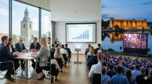 Triptychon Medientechnik Bad Laer: Business-Präsentation am Griese-Toarn, Seminar-Setup im Kurhaus und Outdoor-Event am Gradierpavillon.