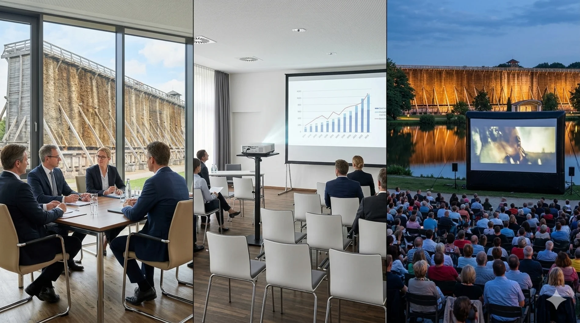 Triptychon Medientechnik Bad Rothenfelde: Business-Präsentation am Gradierwerk, Seminar-Setup und Outdoor-Event im Kurpark an der Konzertmuschel.