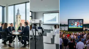 Triptychon Medientechnik Bissendorf: Business-Präsentation im Osnabrücker Land, Seminar-Setup im Gewerbepark und Outdoor-Event am Sonnenbrink.