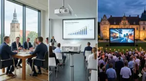 Triptychon Medientechnik Bohmte: Business-Meeting im Wittlager Land, Seminar-Setup im Gewerbepark und Outdoor-Event am Bohmter Marktplatz.