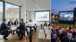 Triptychon Medientechnik Bramsche: Business-Meeting am Tuchmacher Museum, Seminar-Setup im Gewerbepark und Outdoor-Event am Alfsee.