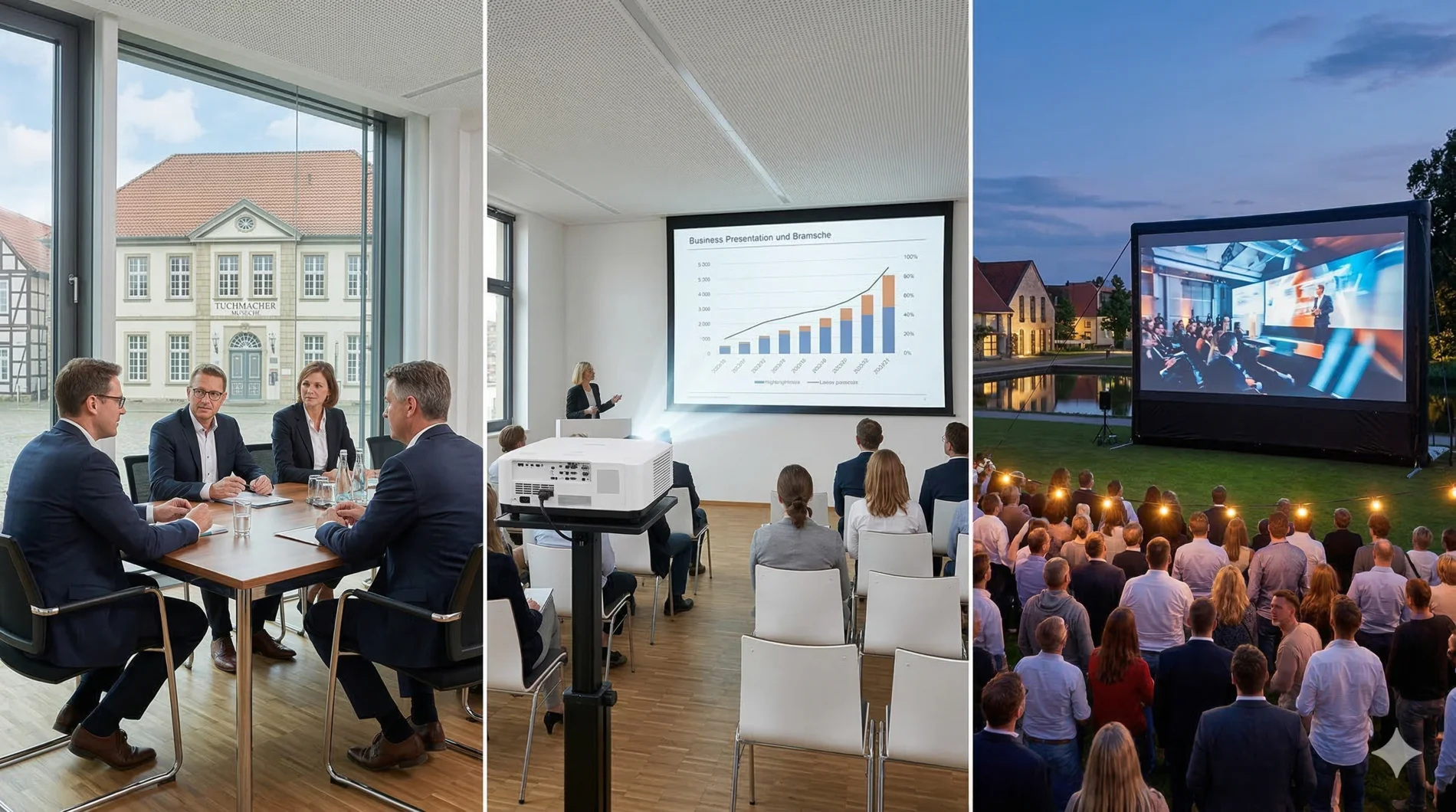 Triptychon Medientechnik Bramsche: Business-Meeting am Tuchmacher Museum, Seminar-Setup im Gewerbepark und Outdoor-Event am Alfsee.