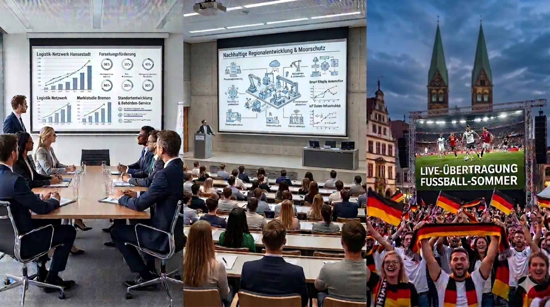 3-Säulen-Medientechnik für Bremen: Business-Konferenz, Uni-Vorlesung und Public Viewing an der Schlachte.
