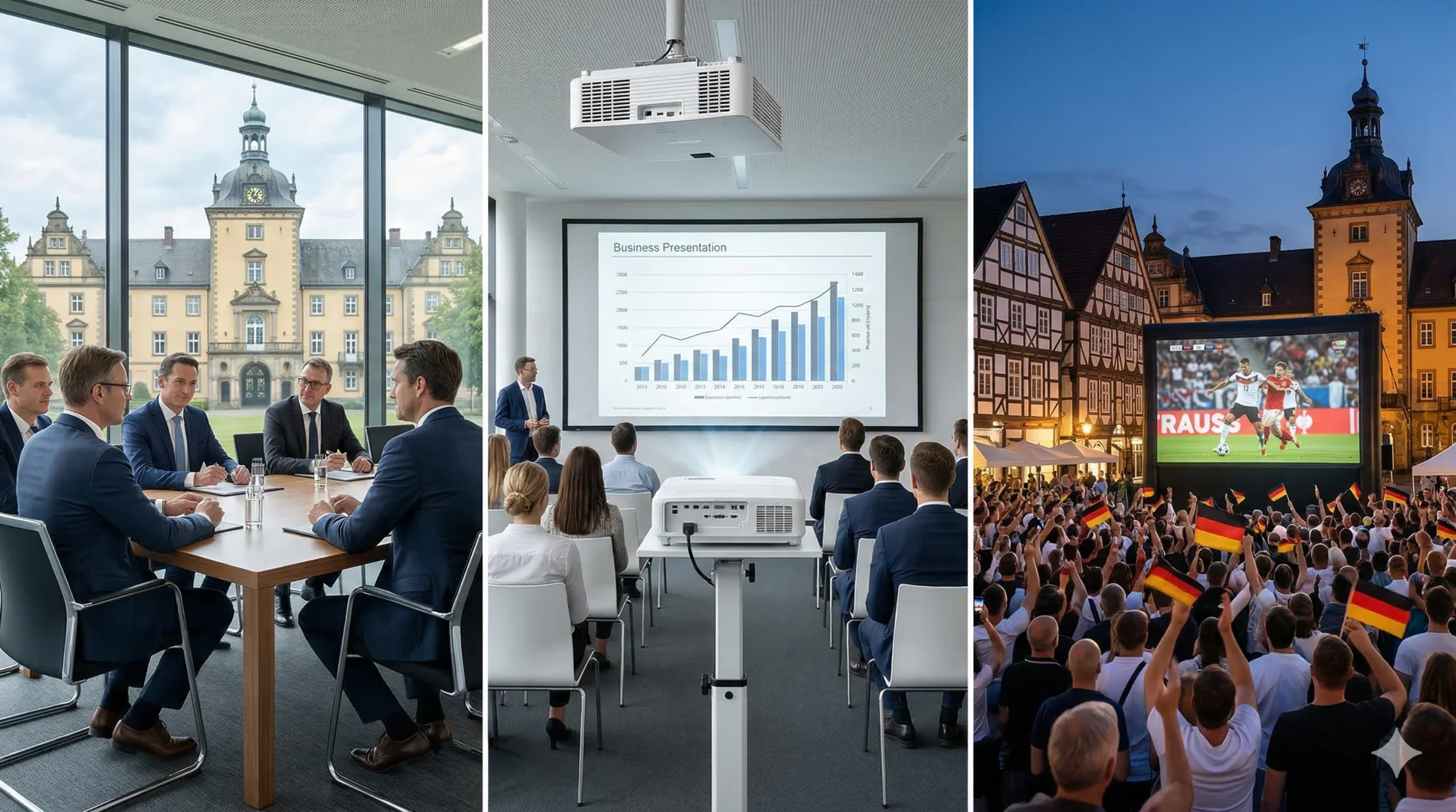 Triptychon Medientechnik Bückeburg: Professionelle Projektionen für Business-Events am Schloss Bückeburg, B2B-Seminare und Public Viewing.