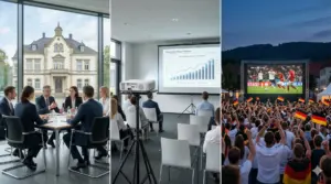 Triptychon Medientechnik Georgsmarienhütte: Business-Präsentation im Osnabrücker Land, Seminar-Setup und Public Viewing Event am Oeseder Marktplatz.