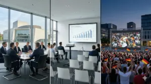 Triptychon Medientechnik Gütersloh: Hochleistungs-Projektionen für Industrie-Konferenzen, B2B-Seminare und professionelles Public Viewing.