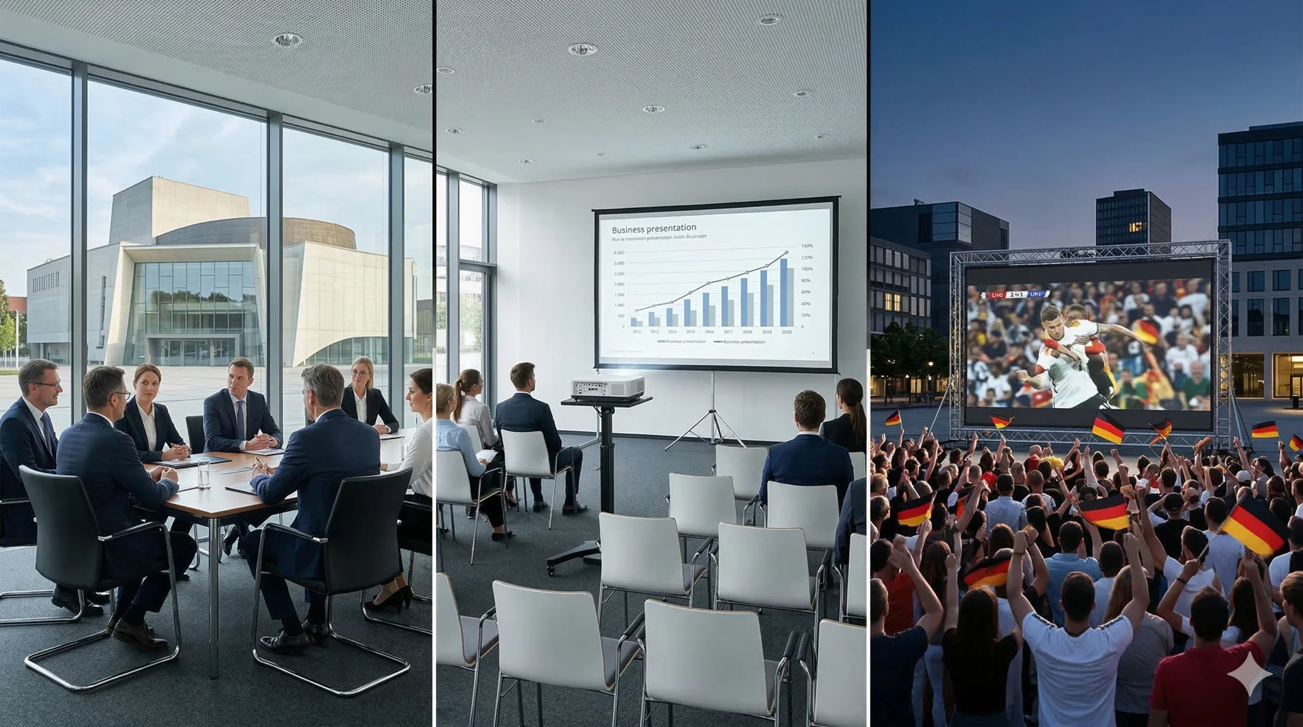 Triptychon Medientechnik Gütersloh: Hochleistungs-Projektionen für Industrie-Konferenzen, B2B-Seminare und professionelles Public Viewing.