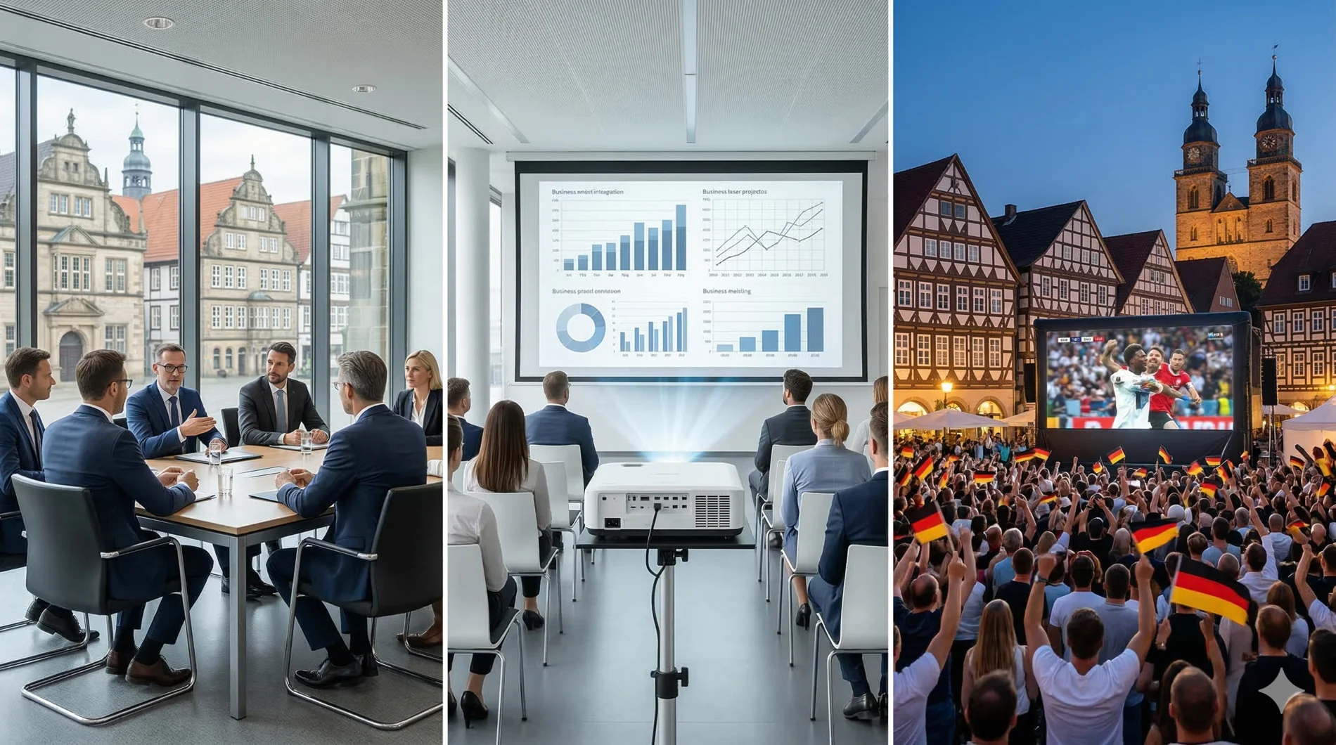 Triptychon Medientechnik Hameln: Professionelle Projektionen für Business-Events am Weserufer, B2B-Seminare und Public Viewing.