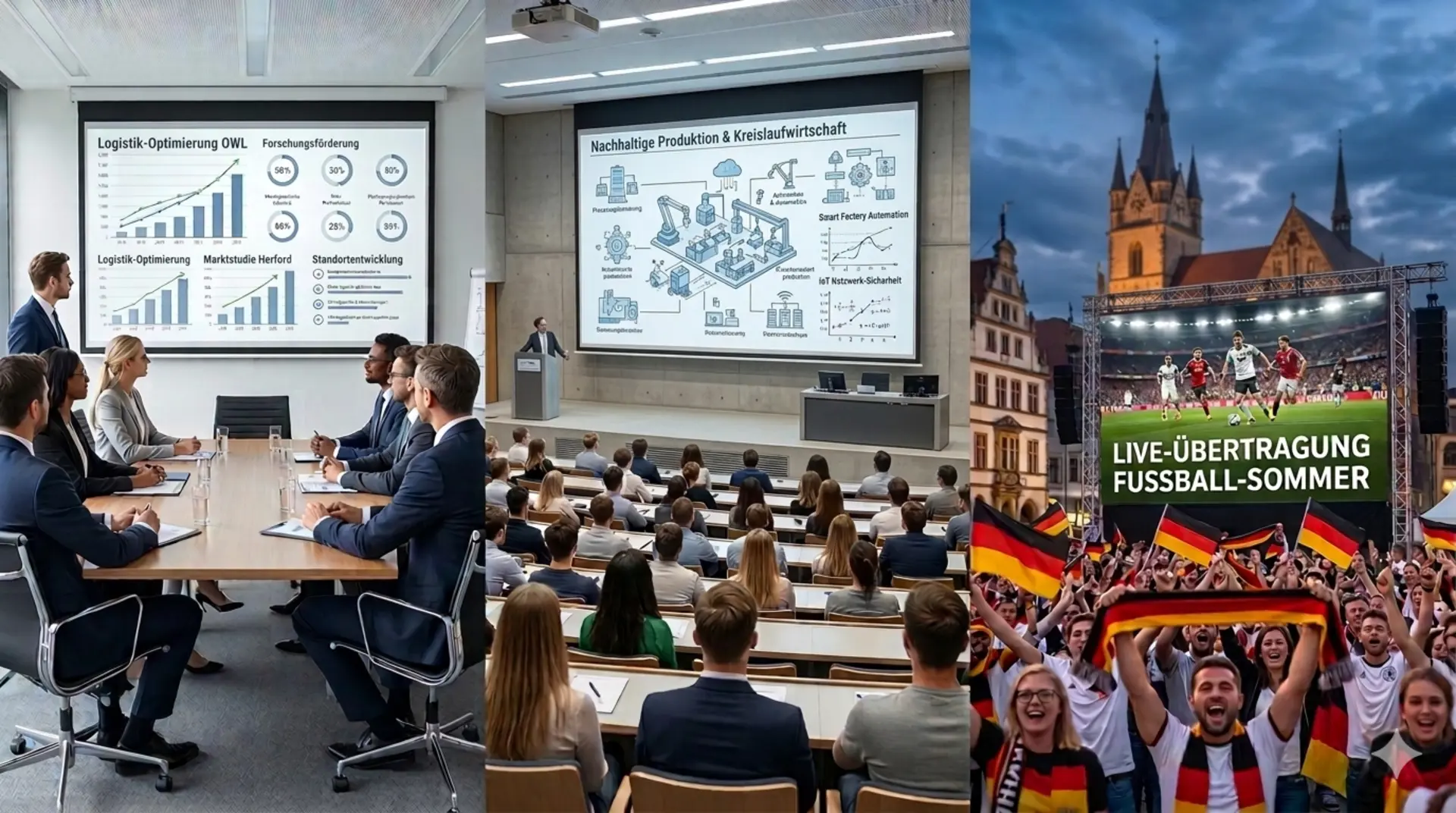 3-Säulen-Medientechnik für Herford: Business-Konferenz, Fachsymposium und Public Viewing vor Herforder Landmarken.