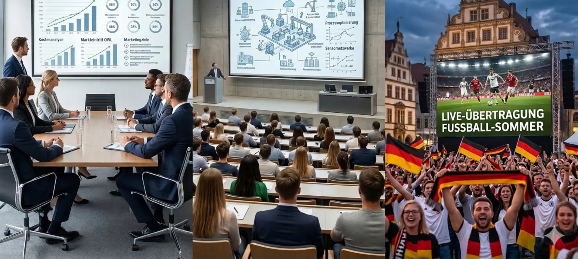 3-Säulen-Medientechnik für Lemgo: Business-Präsentation, Innovationscampus-Symposium (TH OWL) und Public Viewing in der Hansestadt.