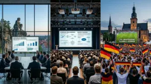 Triptychon Medientechnik Rheine: B2B-Präsentationen am Falkenhof, Konferenztechnik in der Stadthalle und XXL-Leinwand am Emsufer.