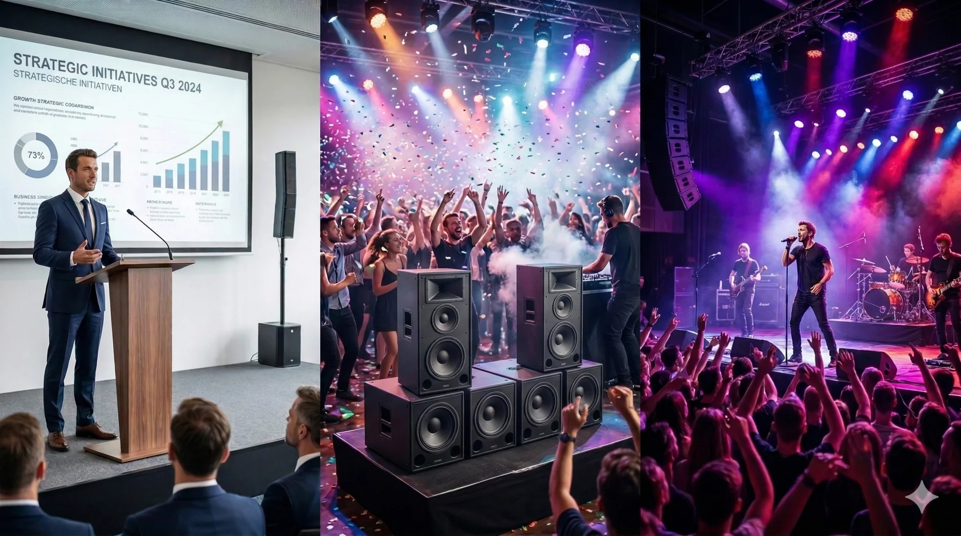 Professionelle Veranstaltungstechnik von PvD Events in Hille: Moderationsset mit schlankem Säulenlautsprecher und Leinwand, leistungsstarke Partyanlage mit Subwoofern sowie professionelle Konzertbeschallung.