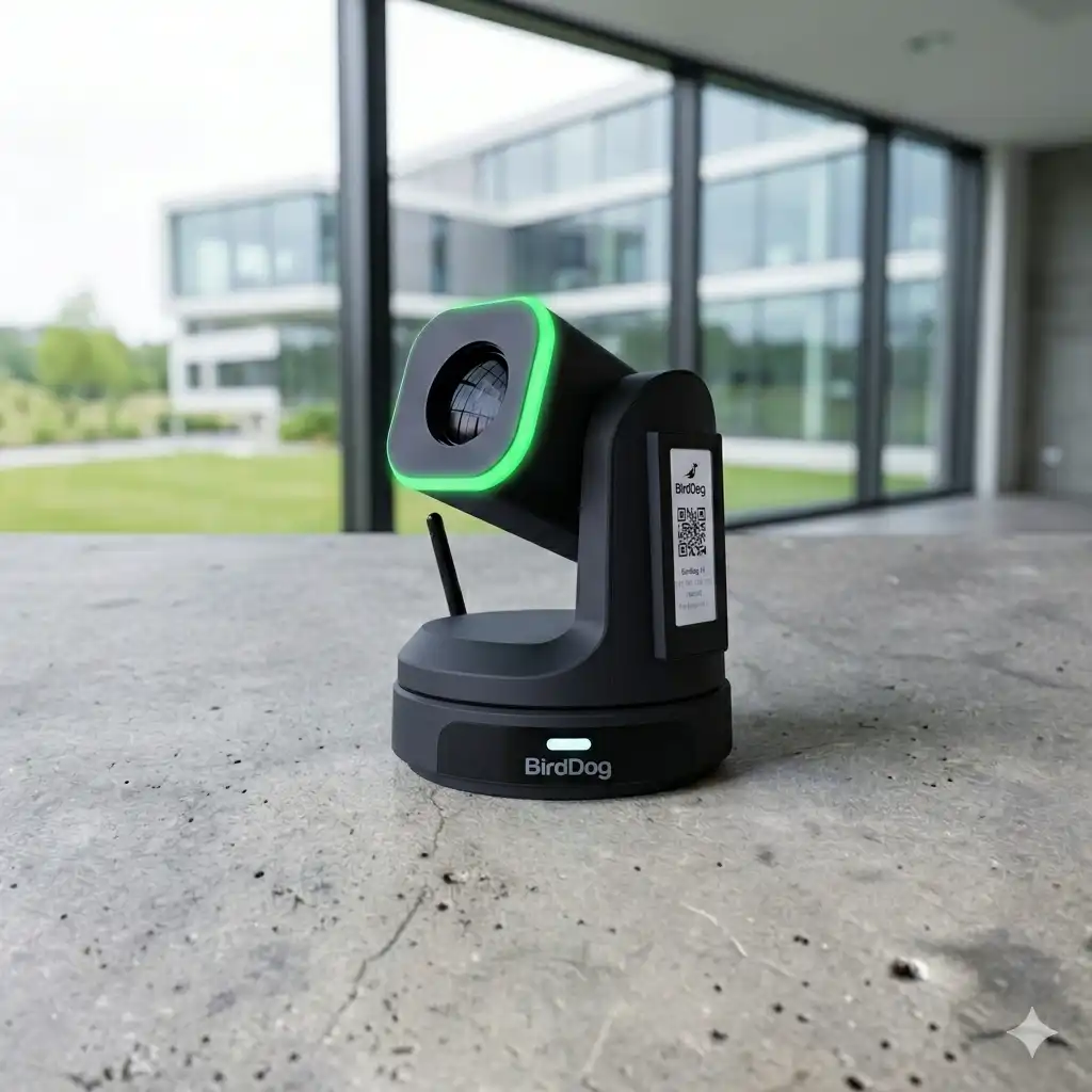 BirdDog X1 Ultra Black PTZ-Kamera mit grünem Halo-Ring und E-Ink Display auf einem Betontisch in Hüllhorst.