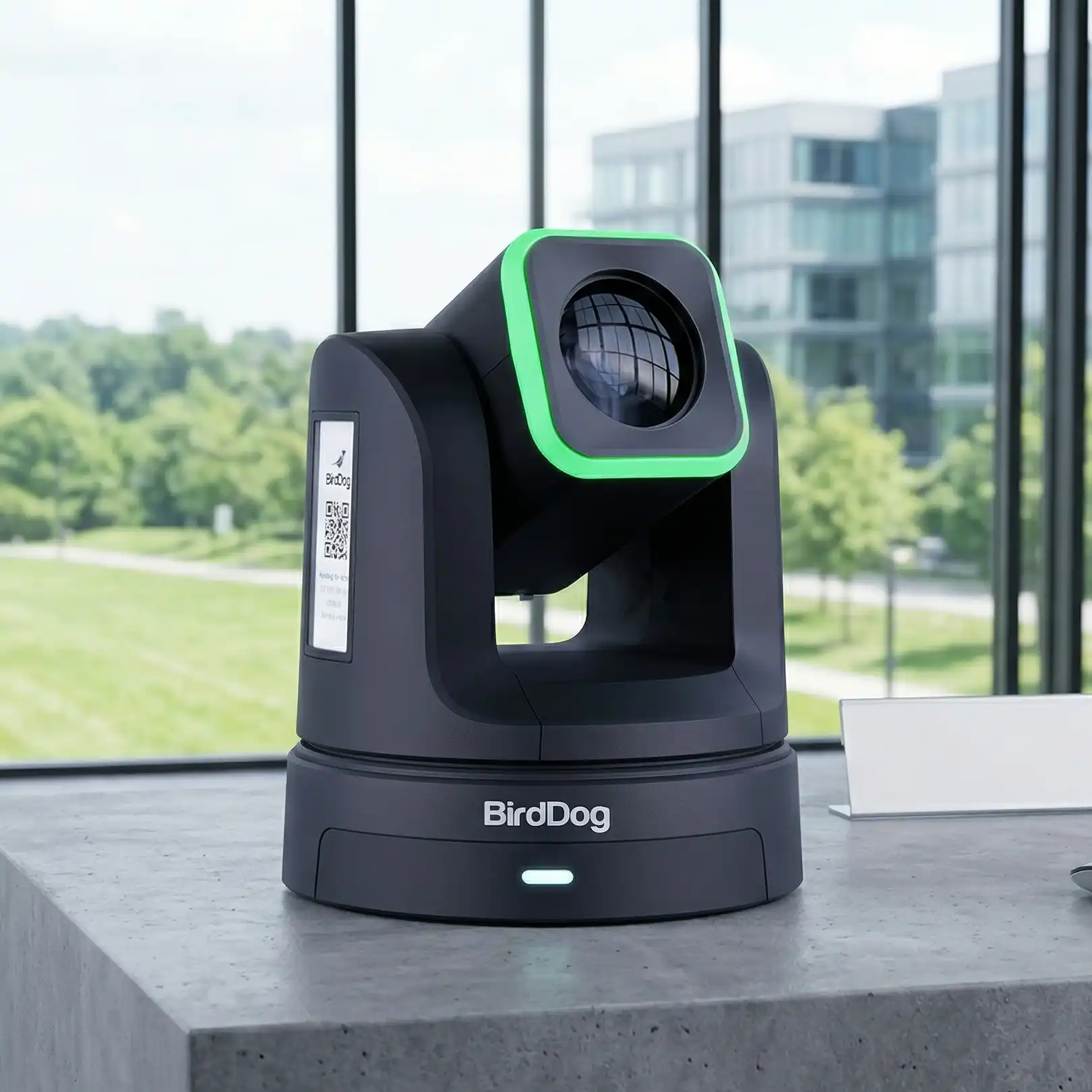 BirdDog X4 Ultra Black PTZ-Kamera mit grün leuchtendem Halo-Ring auf einem Betonschreibtisch in Hüllhorst, OWL, zur Miete.