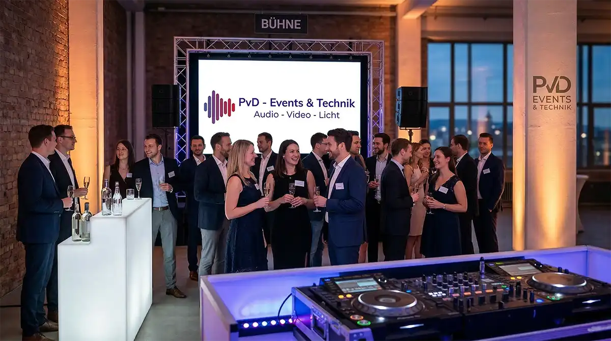 Professionelle Eventtechnik von PvD - Events & Technik für ein Betriebsfest in OWL mit DJ-Equipment, Leinwand und Ambient-Beleuchtung.