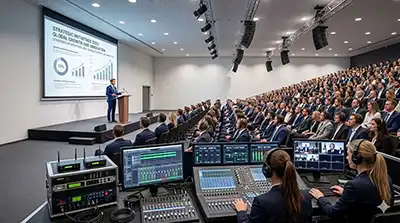 Professionelle Konferenzbeschallung in Hille von PvD Events: Tonregie-Arbeitsplatz im Vordergrund, Redner am Pult und dezente Delay-Line-Lautsprecher an der Decke für optimale Sprachverständlichkeit.