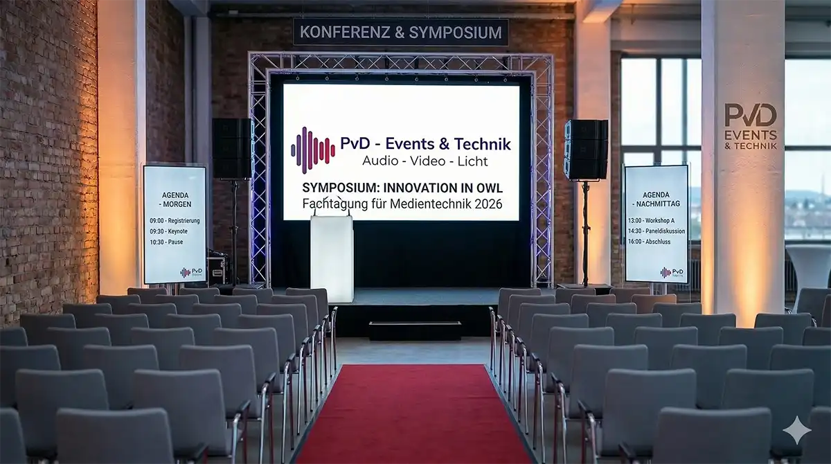 Professionelle Konferenztechnik von PvD - Events & Technik mit Rednerpult, Leinwand-Projektion und Agenda-Monitoren für ein Symposium in OWL.