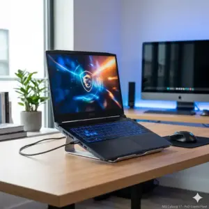 MSI Cyborg 17 B13WFKG-208 High-End Gaming-Laptop mit 32GB RAM Upgrade und blau leuchtender Tastatur, auf einem Standfuß von PVD Events für eine Messe in OWL.