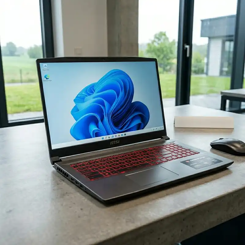 Leistungsstarker MSI Katana GF66 Gaming-Laptop mit rot beleuchteter Tastatur, ideal für Gaming-Events und High-End-Anwendungen in OWL.