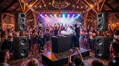 Event-Beschallung in einer Scheune in Hille: DJ-Set mit kraftvoller Musikanlage (Subwoofer und Top-Teile) und stimmungsvoller Beleuchtung für Hochzeiten und Partys.
