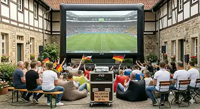 Große Outdoor-Leinwand für Events am Frommenhof in Dissen während einer festlichen Abendveranstaltung.