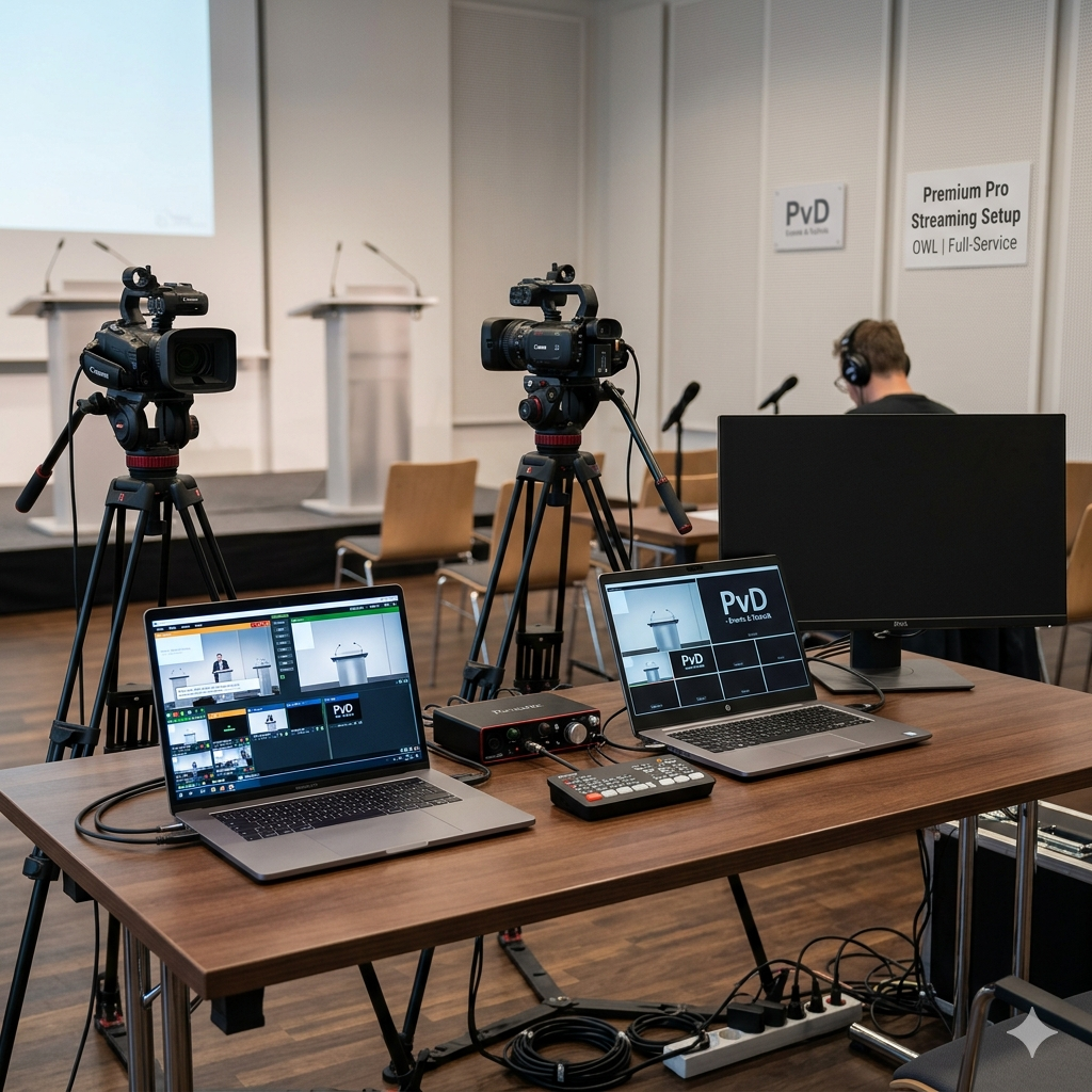 Professionelles Full-Service Streaming-Setup Premium Pro von PvD - Events & Technik mit 3 Kameras, Live-Regie-Laptop und Vorschaumonitor für große Konferenzen in OWL.