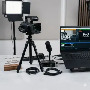 Kompaktes Webinar-Kit Basic von PvD - Events & Technik mit 4K Kamera, Stativ, Mikrofon und Streaming-Laptop für Online-Vorträge in OWL.