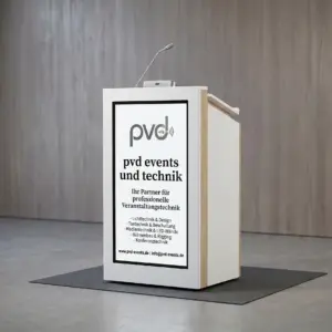 Digitales Rednerpult mit integriertem Hochformat-Display für Logos und Speaker-Infos zur Miete in Hüllhorst.