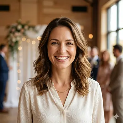 Portrait einer zufriedenen Kundin von PvD - Events & Technik, die den DJ-Service, das Licht-Equipment und die festliche Stimmung bei ihrer Hochzeit in OWL lobt.