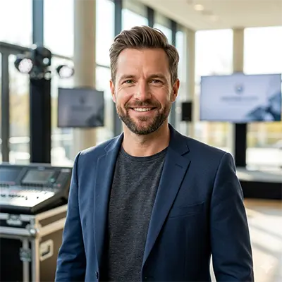 Portrait eines zufriedenen Business-Kunden von PvD - Events & Technik, der die schnelle und unkomplizierte Vermietung von hochwertiger Musiktechnik und Veranstaltungstechnik in Hüllhorst lobt.