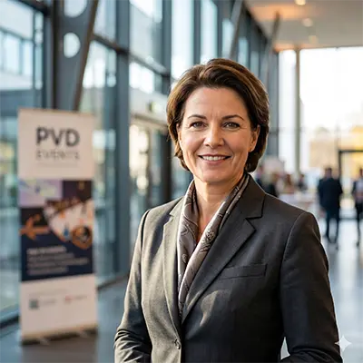 Portrait einer zufriedenen Business-Kundin aus Dortmund, die die professionelle und kurzfristige Unterstützung von PvD - Events & Technik bei einer Firmenveranstaltung lobt.